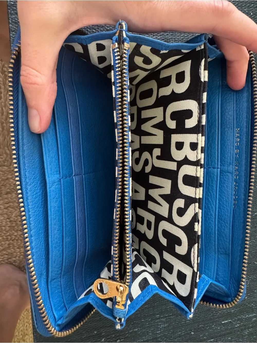 Marc By Marc Jacobs Bright Blue Leather Zip Phone Wallet with Gold Plaque